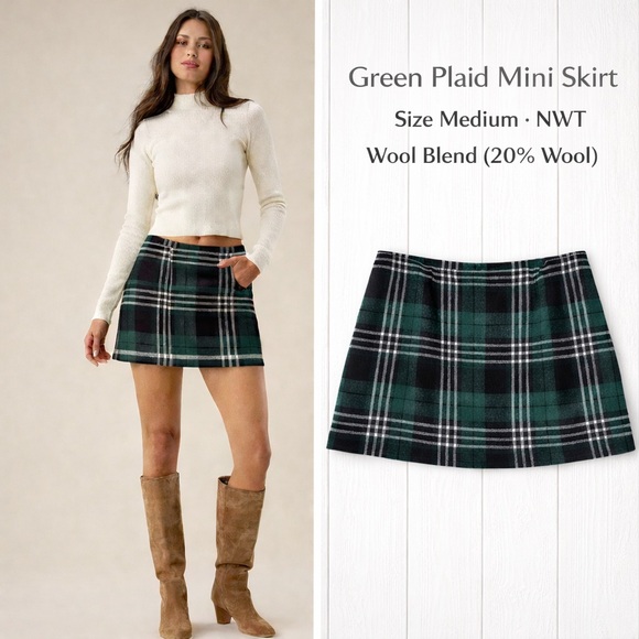 Steals & Squeals Dresses & Skirts - Green Plaid Mini Skirt NWT Size Medium Wool Blend Preppy Schoolgirl Style